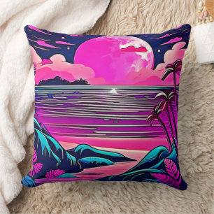 Pink Moon Neon Beachscape Cushion