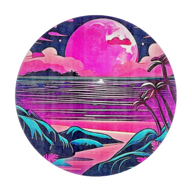 Pink Moon Neon Beachscape Cutting Board (Front)