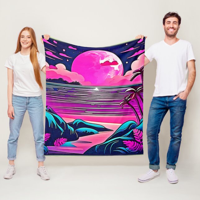 Pink Moon Neon Beachscape Fleece Blanket (In Situ)