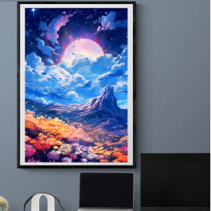 Pink moon night sky floral landscape   Ai Poster