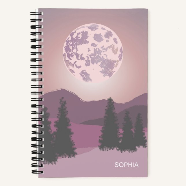Pink Moon Over Mountains Customisable Notebook (Front)