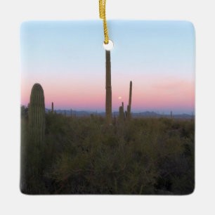 Pink Moon over Saguaro at Sunrise Ceramic Ornament