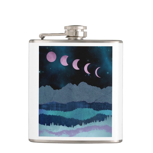 Pink Moon Phases Landscape Hip Flask (Front)