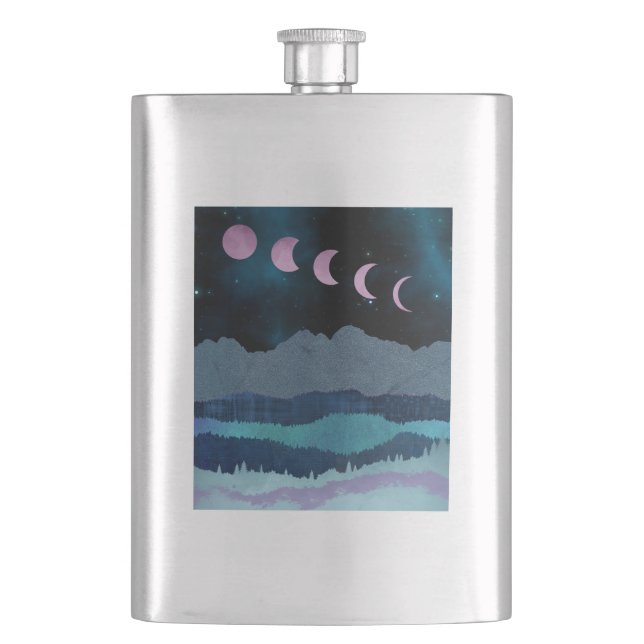 Pink Moon Phases Landscape Hip Flask (Front)