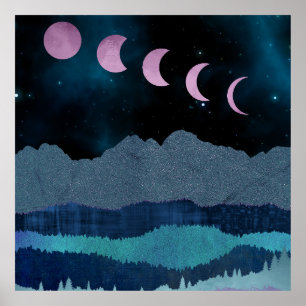 Pink Moon Phases Landscape Poster