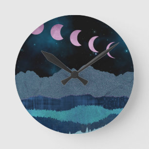 Pink Moon Phases Landscape Round Clock