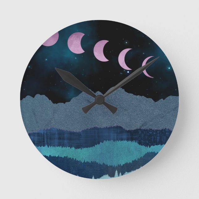 Pink Moon Phases Landscape Round Clock (Front)
