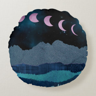Pink Moon Phases Landscape Round Cushion