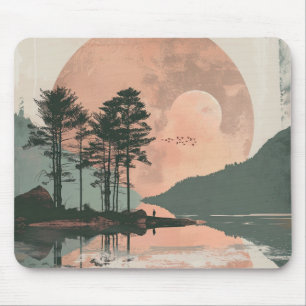Pink Moon Sage Mountain Forest Lake Landscape Mouse Pad