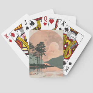 Pink Moon Sage Mountain Forest Lake Landscape Playing Cards