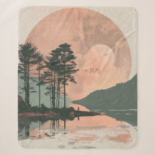 Pink Moon Sage Mountain Forest Lake Landscape Sherpa Blanket