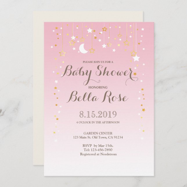 Pink Moon Star Girl Baby Shower Invite (Front/Back)