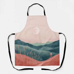 Pink Moon Teal Boho Mountain Landscape Apron