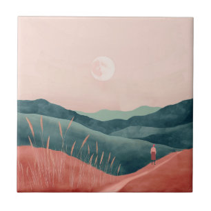 Pink Moon Teal Boho Mountain Landscape Ceramic Tile