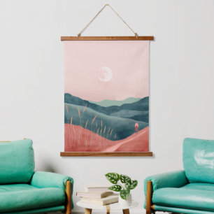 Pink Moon Teal Boho Mountain Landscape Hanging Tapestry