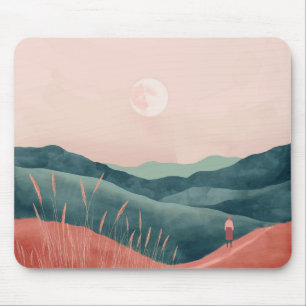 Pink Moon Teal Boho Mountain Landscape Mouse Pad