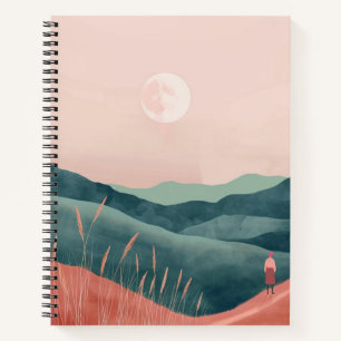 Pink Moon Teal Boho Mountain Landscape Notebook