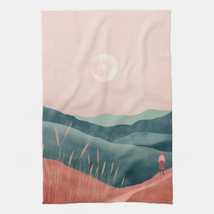 Pink Moon Teal Boho Mountain Landscape Tea Towel