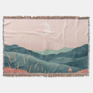 Pink Moon Teal Boho Mountain Landscape Throw Blanket