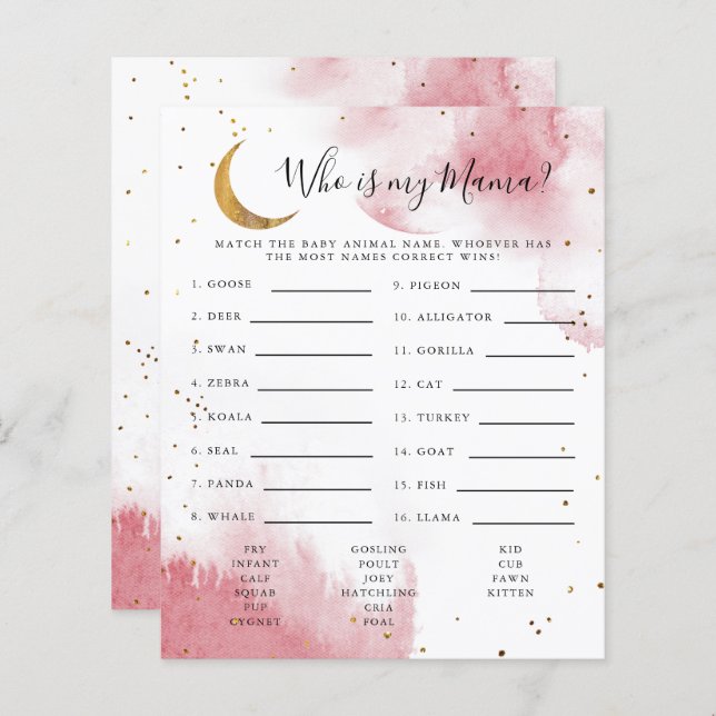 Pink Moon Who Is My Mama Baby Shower Game (Front/Back)