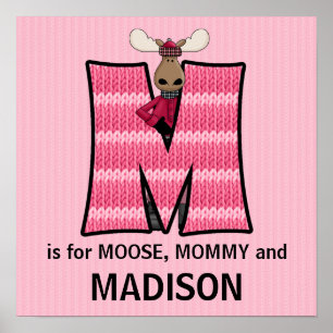 Pink Moose Monogram Letter M Baby Room Poster