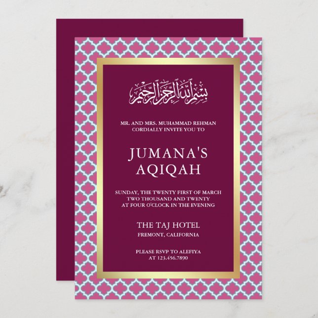 Pink Moroccan Quatrefoil Pattern Islamic Aqiqah Invitation (Front/Back)