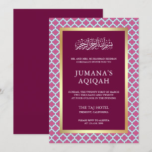 Pink Moroccan Quatrefoil Pattern Islamic Aqiqah Invitation