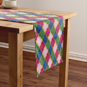 Pink Moroccan Tile Bohemian Short Table Runner