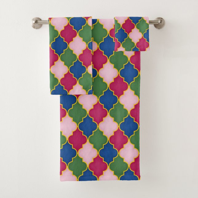 Pink Moroccan Tile (large scale) Bath Towel Set (Insitu)