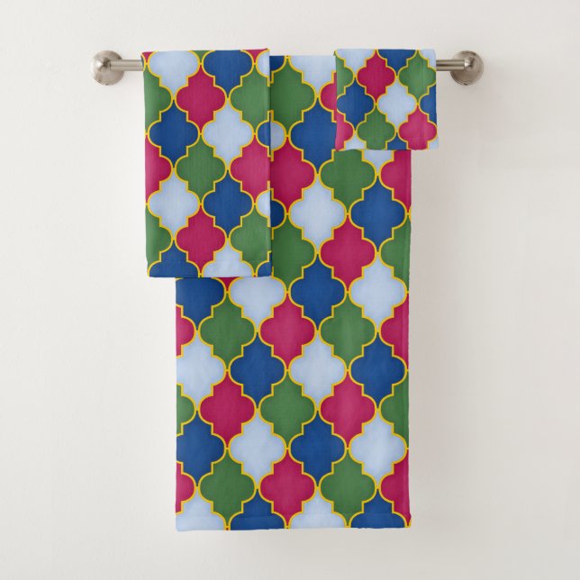 Pink Moroccan Tile (large scale) Bath Towel Set (Insitu)