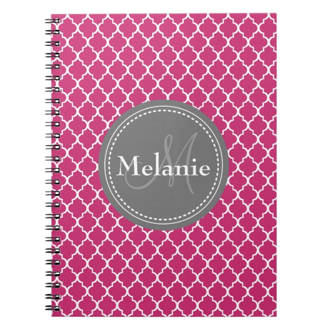Pink Moroccan Tile Pattern Grey Monogram Notebook (Front)