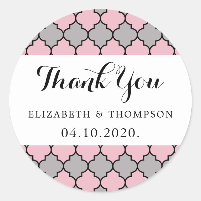 Pink Moroccan Trellis, Quatrefoil, Wedding Classic Round Sticker (Front)