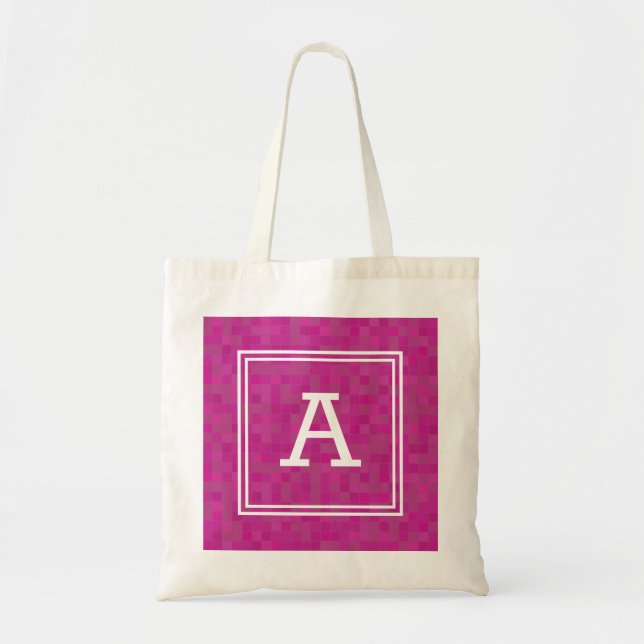 Pink mosaic pixels personalised monogram tote bag (Front)