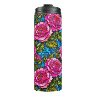 Pink mosaic roses thermal tumbler