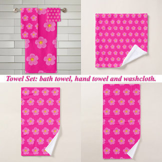 Pink Moss Rose Flower Seamless Pattern on Bath Towel Set