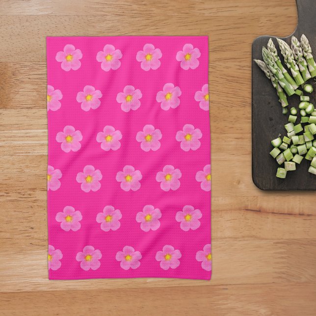 Pink Moss Rose Flower Seamless Pattern on Tea Towel (Pink Moss Rose flower seamless pattern on kitchen towel)