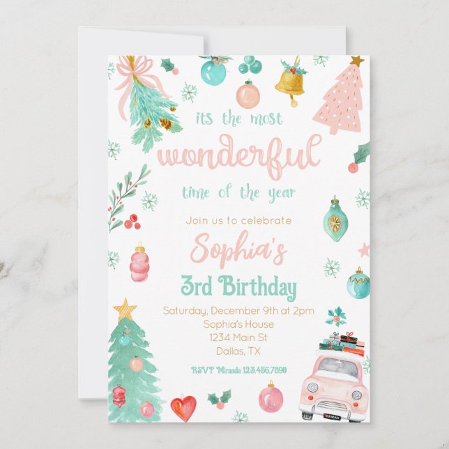 Pink Most Wonderful Time of the Year Birthday Invitation (Front)