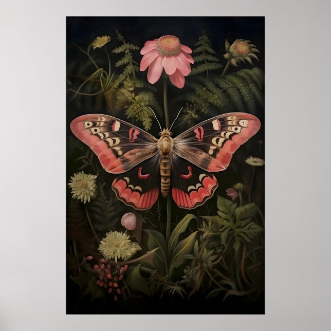 Pink Moth Botanical Print, Butterfly Dark Academia Poster (Front)