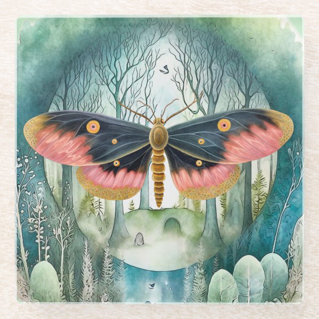 Pink Moth Forest Night Glass Coaster (Front)