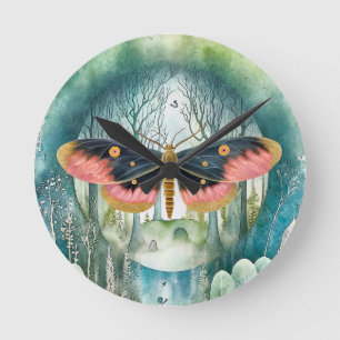 Pink Moth Forest Night Round Clock