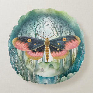Pink Moth Forest Night Round Cushion