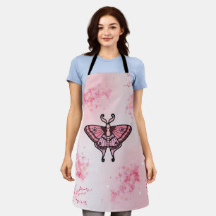 Pink Moth Gracefully Alights on a Sakura Floral Apron
