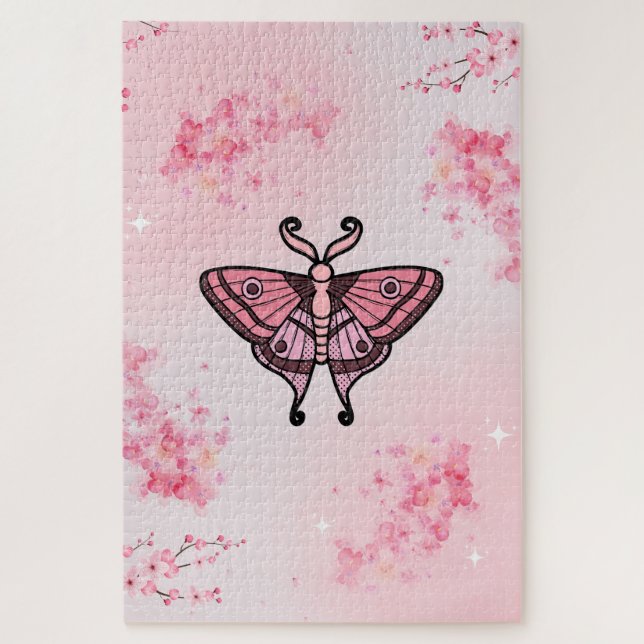 Pink Moth with Sakura Flower Background Jigsaw Puzzle (Vertical)