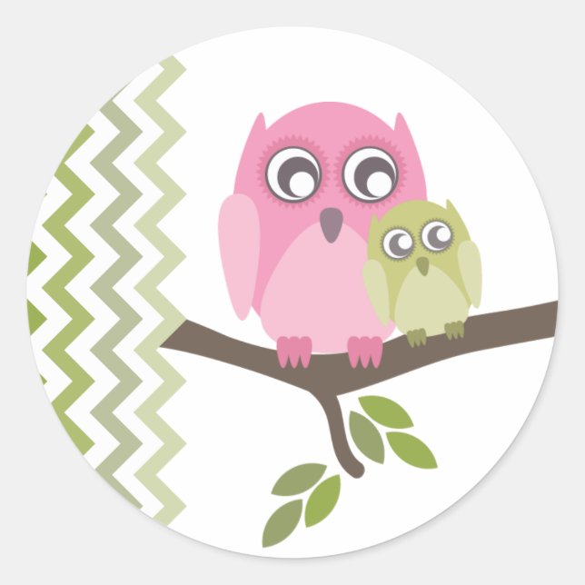 Pink Mother & GreenBaby Owl Neutral Baby Shower Classic Round Sticker (Front)