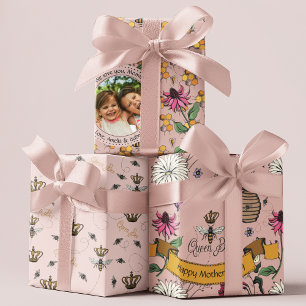 Pink Mothers Day Custom Kids Photo Royal Queen Bee Wrapping Paper Sheet