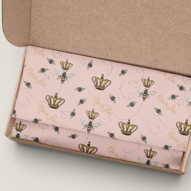 Pink Mothers Day Royal Queen Bee & Gold Crown Tissue Paper (Chic Blush Pink Buzzing Queen Bees and Royal Crowns with the Gold Hand-Written Text, "Queen Bee". 
)