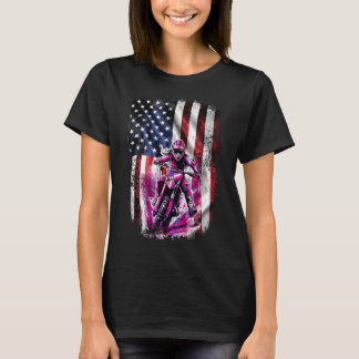Pink Motocross Girl American Patriotic Flag  T-Shirt