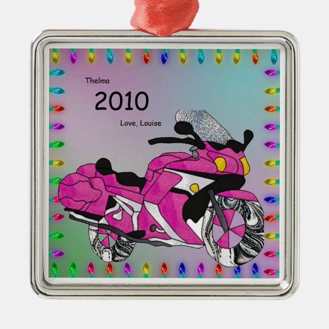 Pink Motorcycle in Stained Glass Metal Ornament (Front)