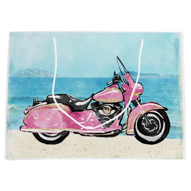 Pink Motorcycle on the Beach Large Gift Bag (Front)