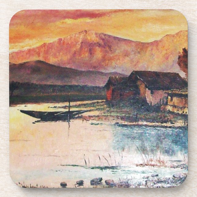 PINK MOUNTAINS LAKE ALPINE SUNSET LANDSCAPE COASTER (Front)